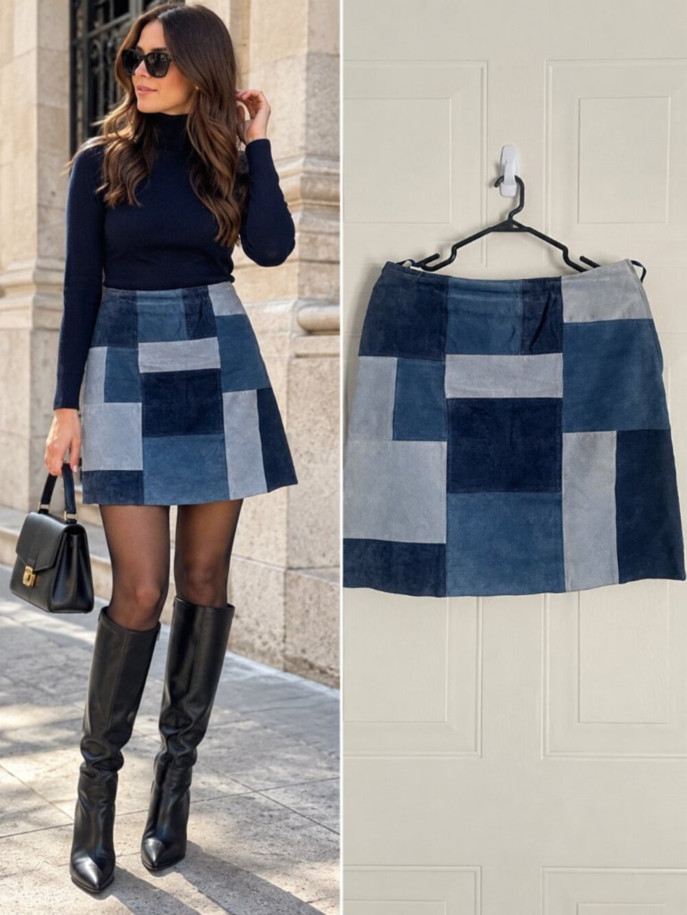 RTG Leathers Suedes Blue Patchwork Genuine Suede Mini Skirt Structured Boho 9